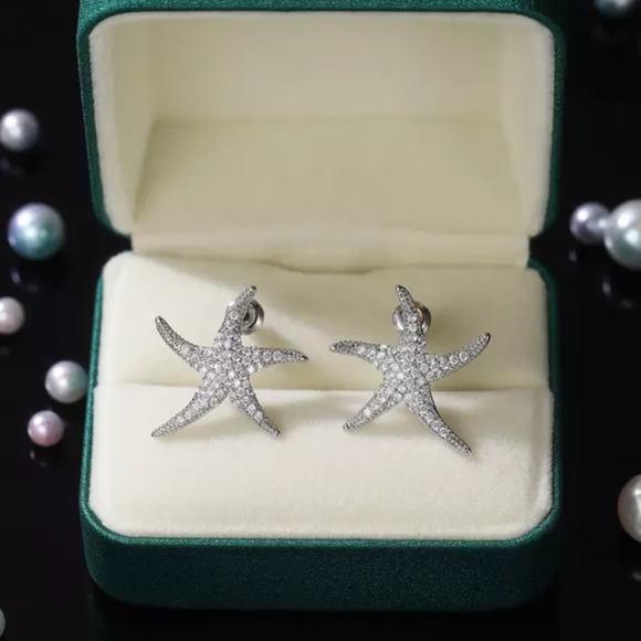 New 925 Silver Beautiful Starfish Women diamonds Earrings - Picture 2 of 2